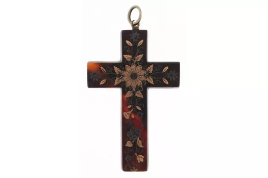 Victorian Tortoiseshell & Gold Piqué-Work Cross Pndant