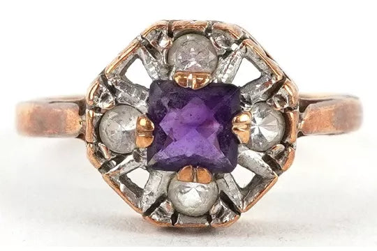 9ct Gold Amethyst & Clear Stone Cluster Ring