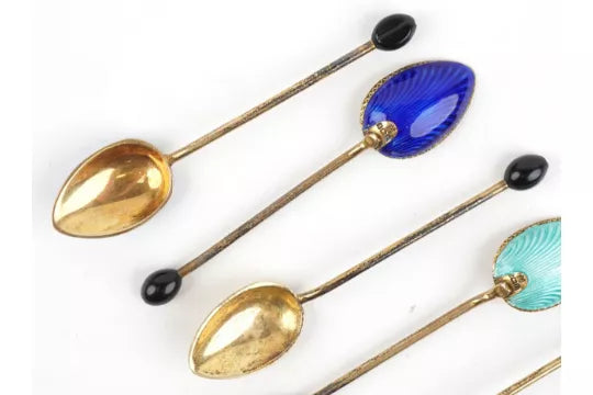 Art Deco Silver Gilt & Guilloché Enamel Coffee Spoons