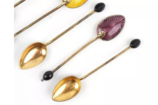 Art Deco Silver Gilt & Guilloché Enamel Coffee Spoons