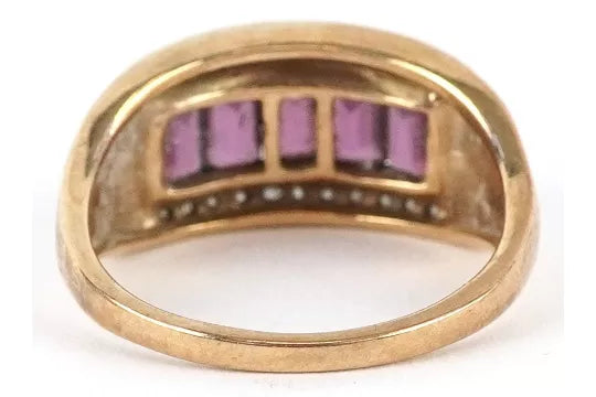 9ct Gold Purple Garnet & Diamond 3 Row Ring