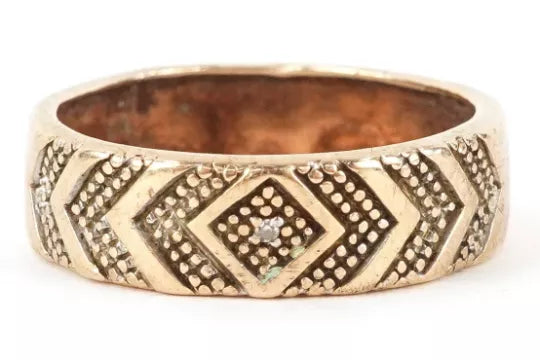 9ct Gold Engine Turned Half Eternity Ring with a Solitaire Diamond