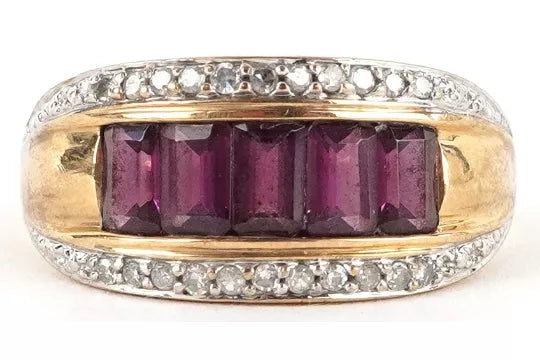 9ct Gold Purple Garnet & Diamond 3 Row Ring