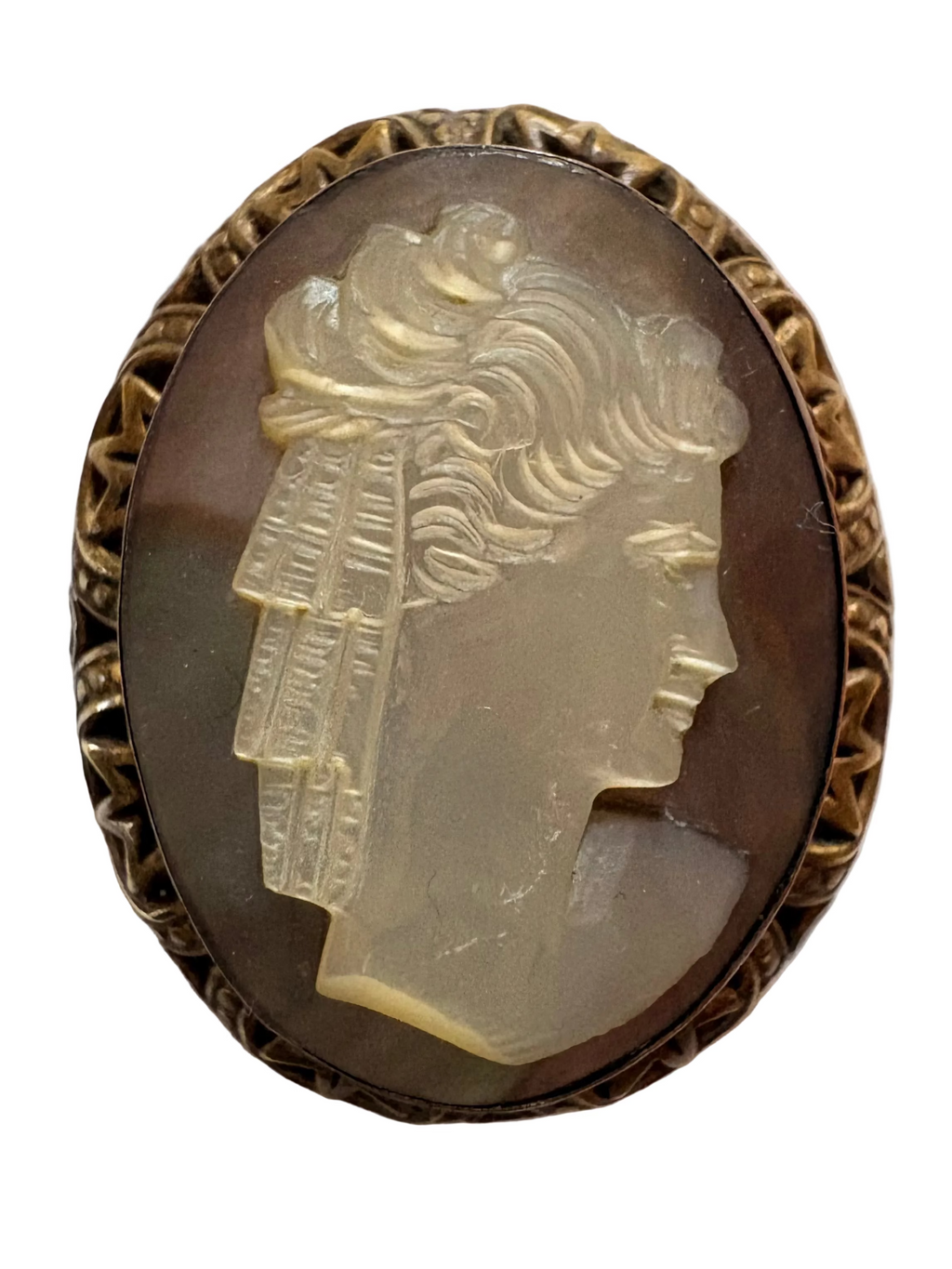 Vintage Cameo Brooch / Classical Profile Carved Shell in Ornate Openwork Mount