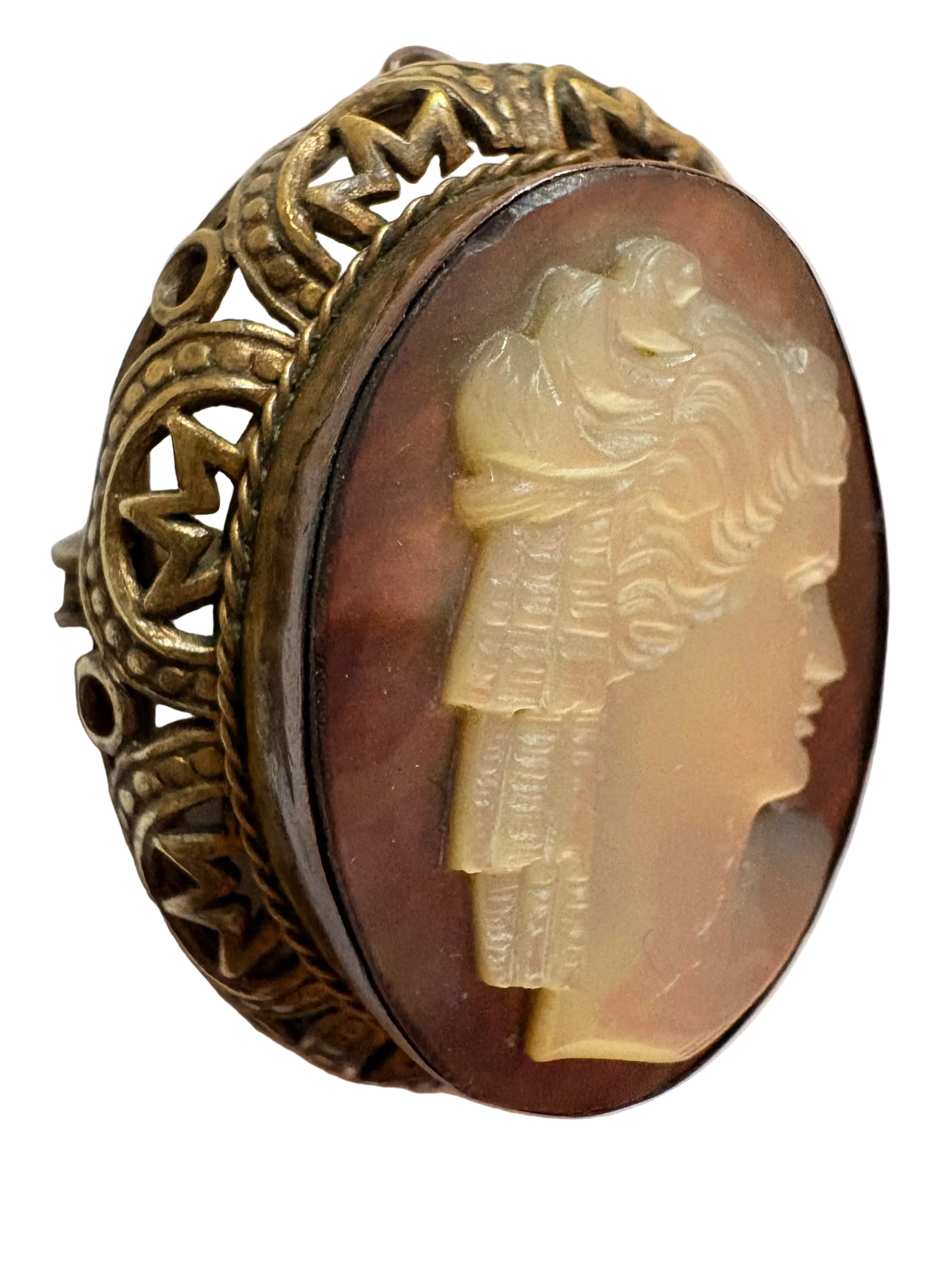 Vintage Cameo Brooch / Classical Profile Carved Shell in Ornate Openwork Mount