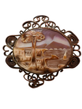 Vintage Scenic Shell Cameo Brooch with Ornate Filigree Frame