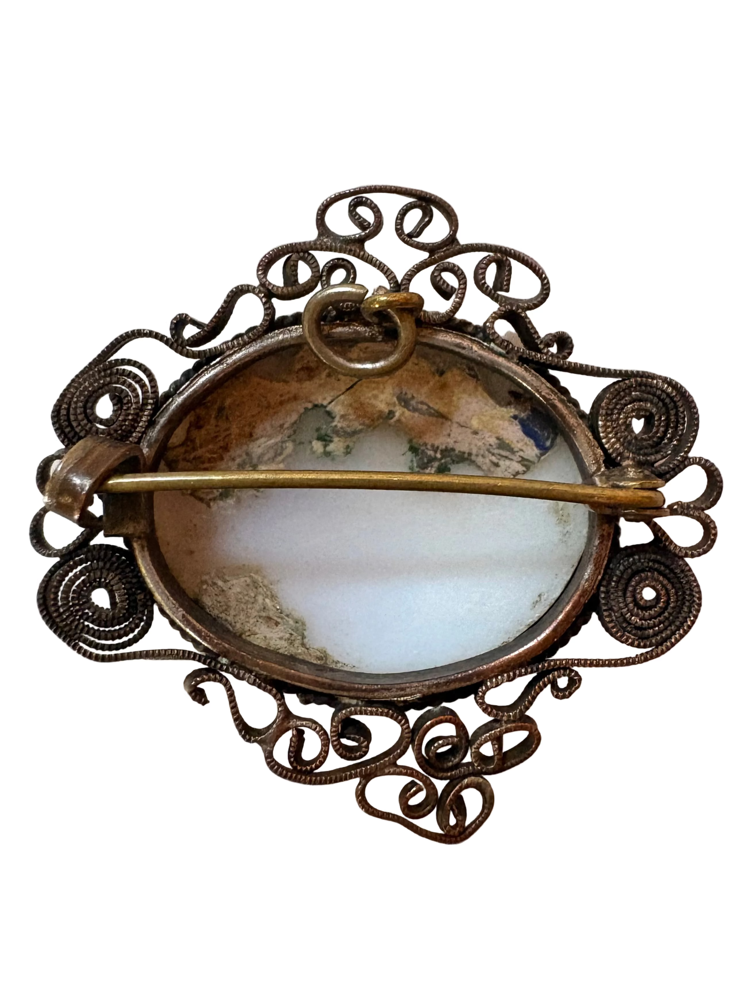 Vintage Scenic Shell Cameo Brooch with Ornate Filigree Frame