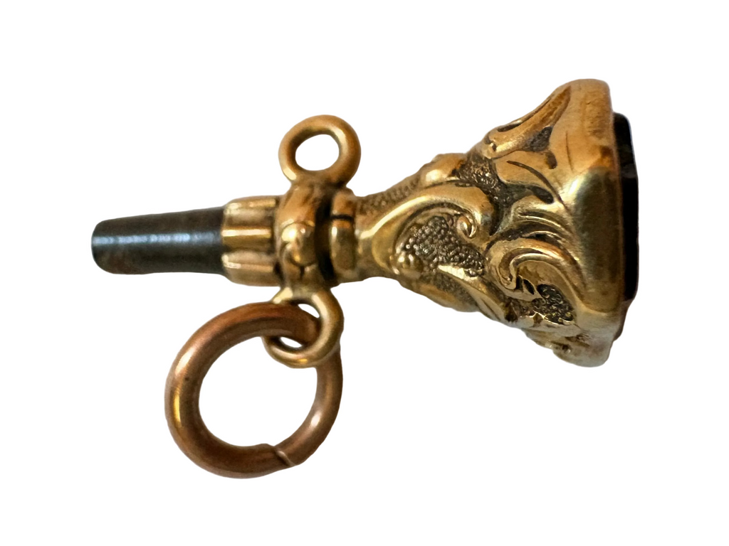 Antique Gold Tone Watch Winding Key with Stone Seal
