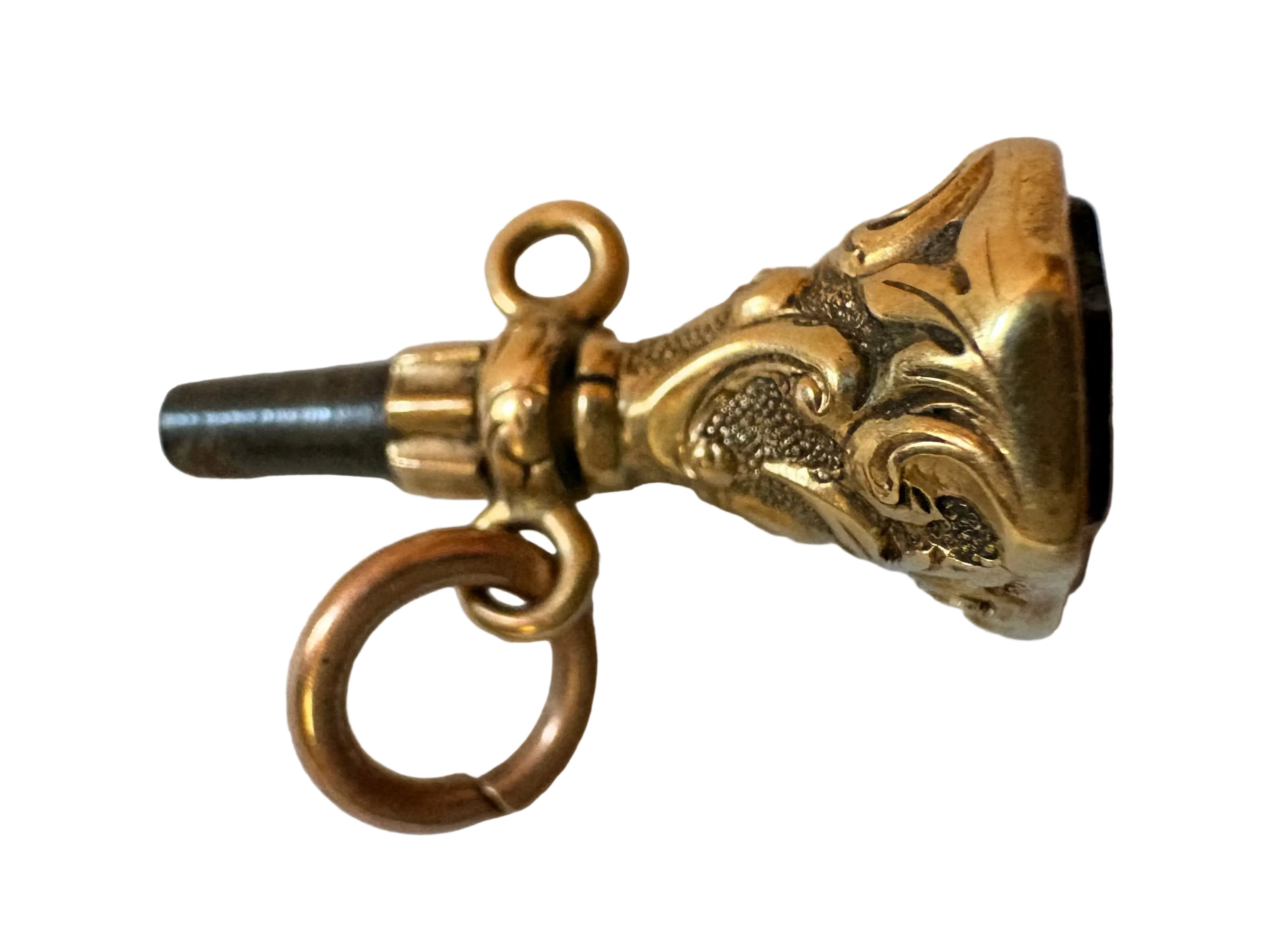 Antique Gold Tone Watch Winding Key with Stone Seal