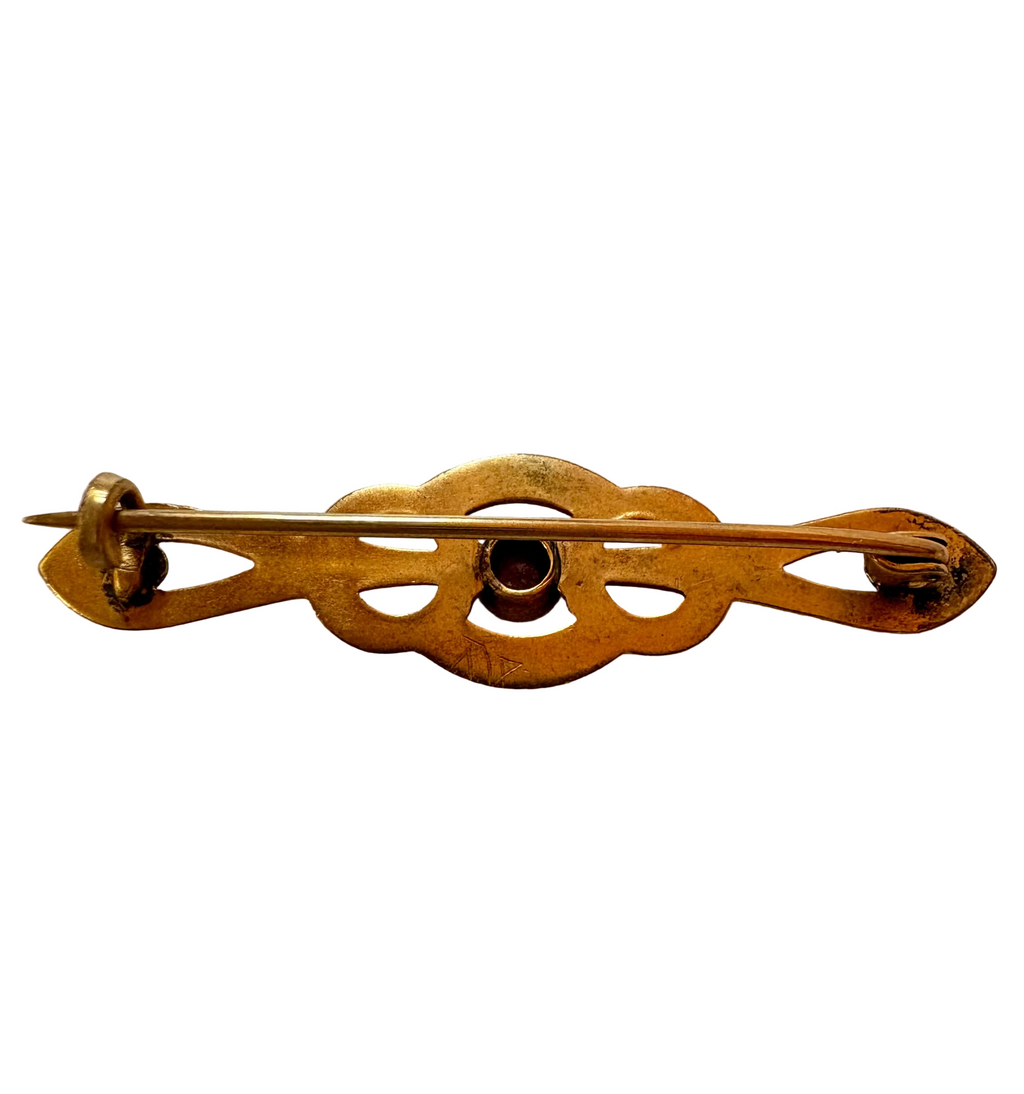 Edwardian Gold Tone Bar Brooch with Red Stone – c.1900–1920