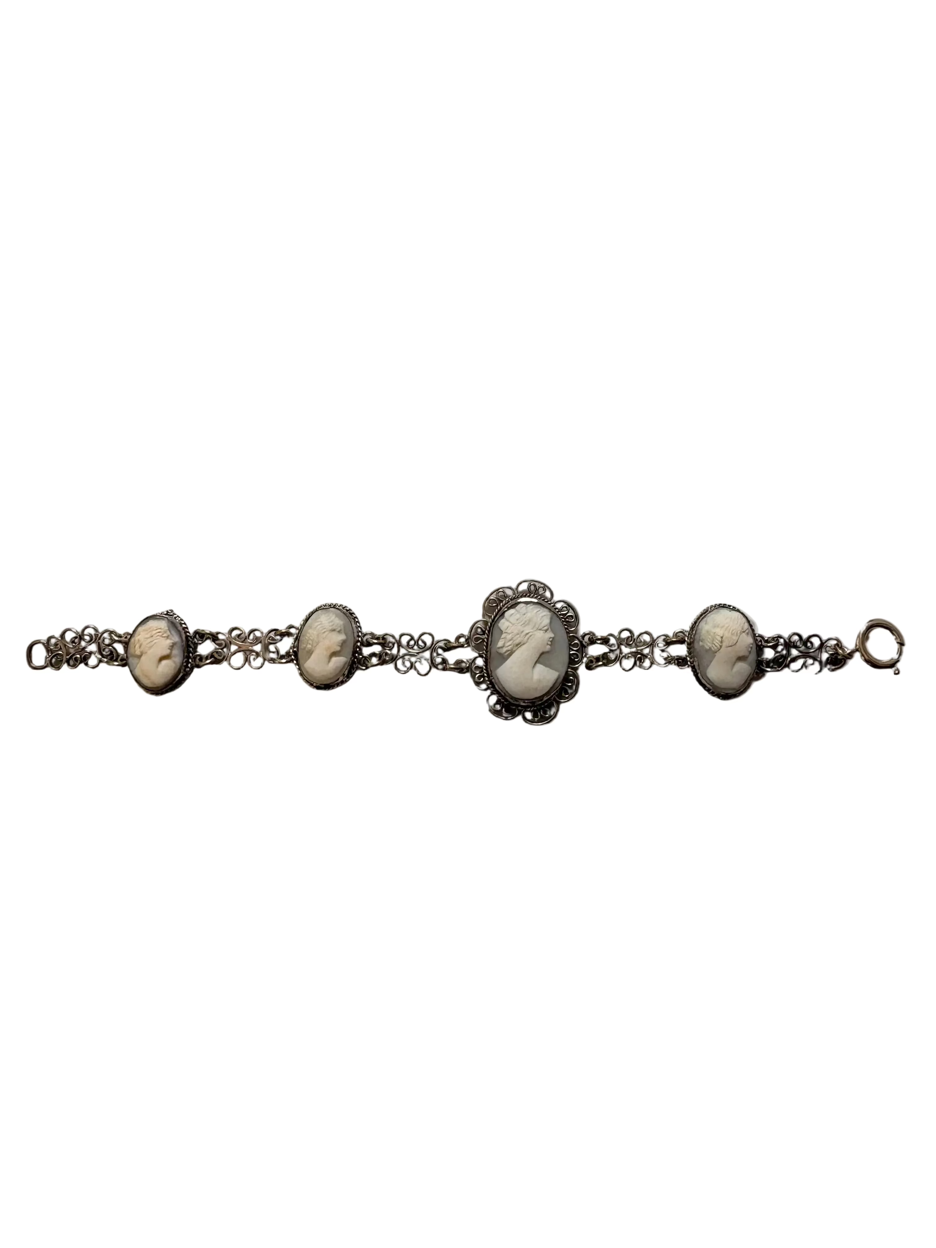 Vintage Silver Cameo Panel Bracelet – Classical Portraits, Filigree Links, 16.5cm