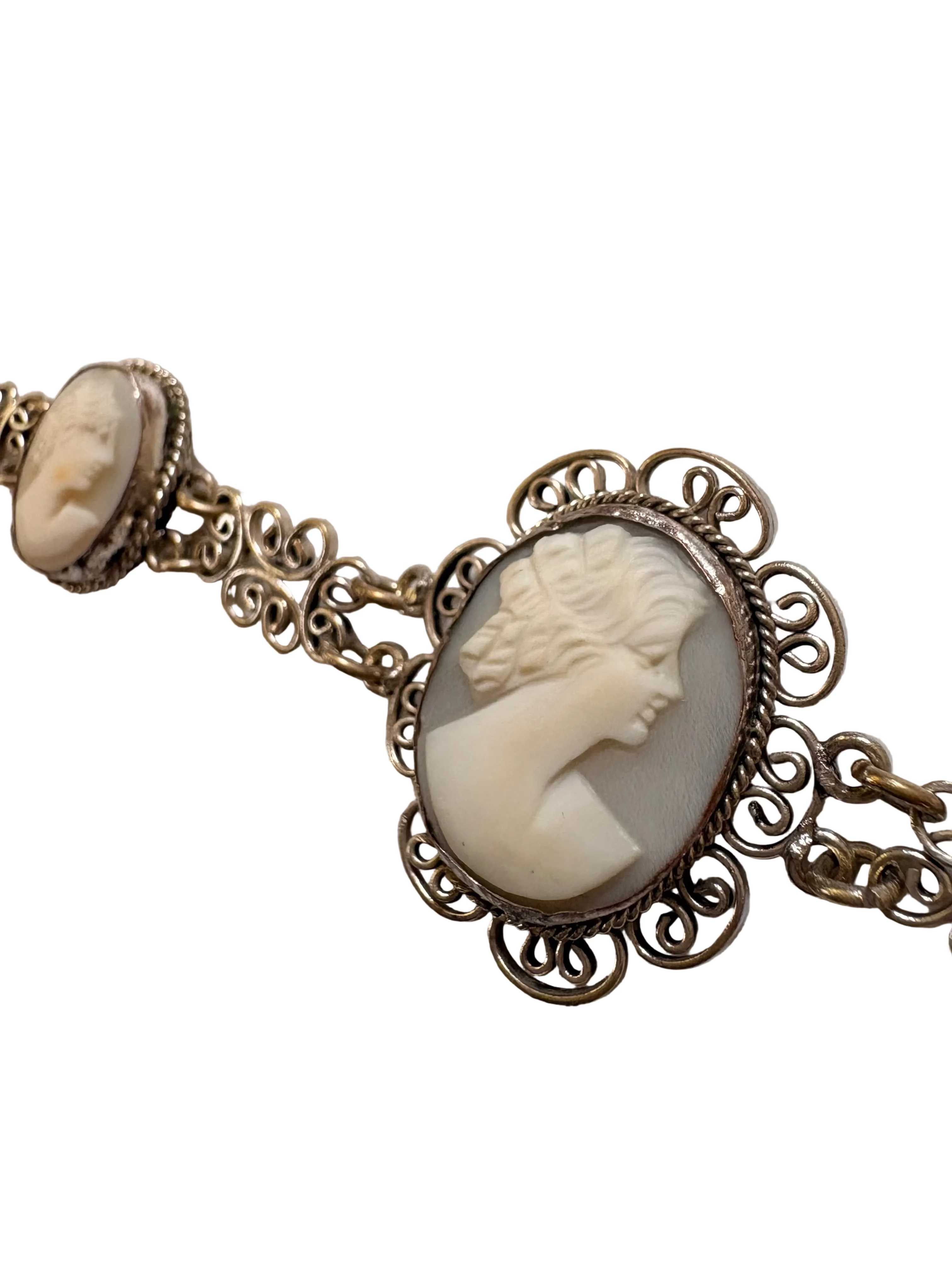 Vintage Silver Cameo Panel Bracelet – Classical Portraits, Filigree Links, 16.5cm