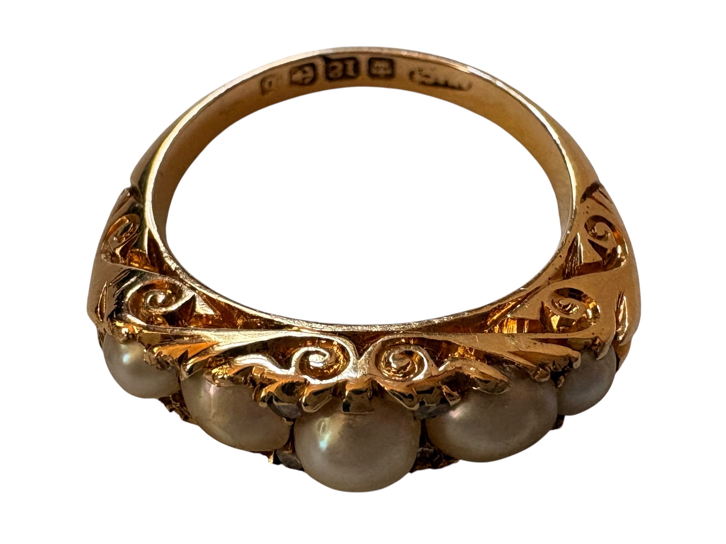 Victorian 18ct Gold Natural Graduated Pearl Ring, c.1880–1900
