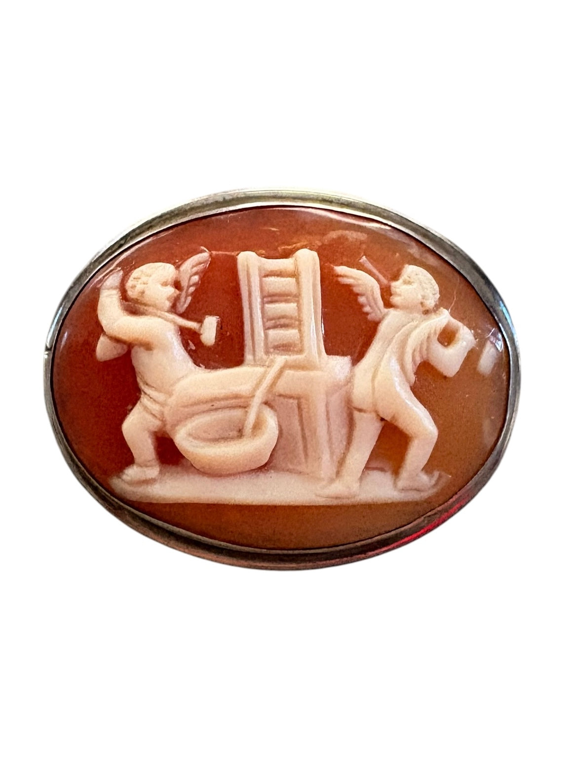 Victorian Shell Cameo Brooch in Silver — Putti at the Forge
