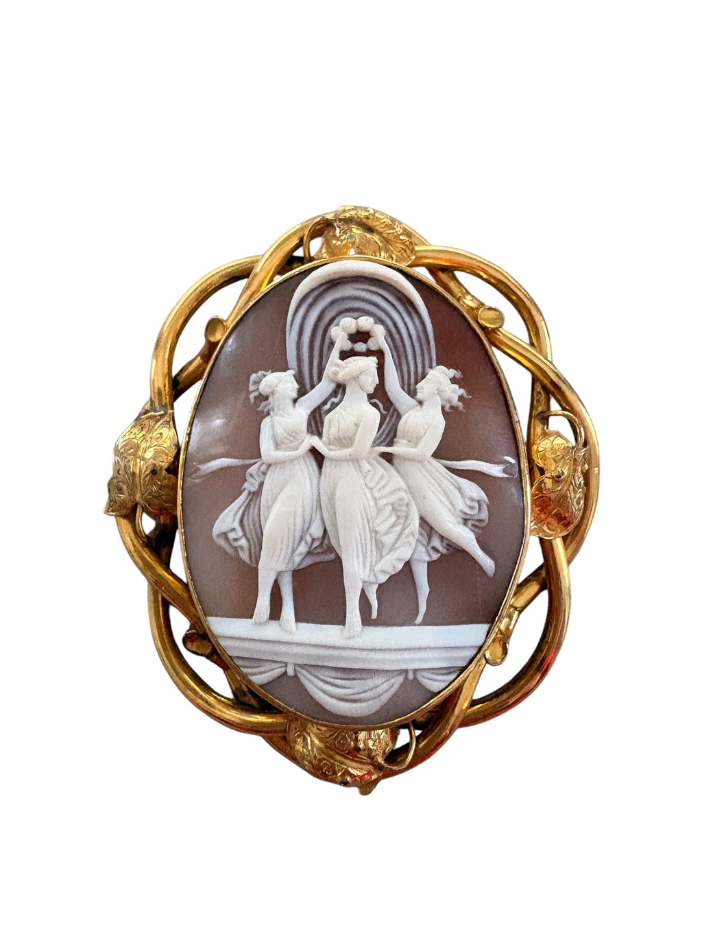 Victorian Pinchbeck Shell Cameo Brooch of The Three Graces