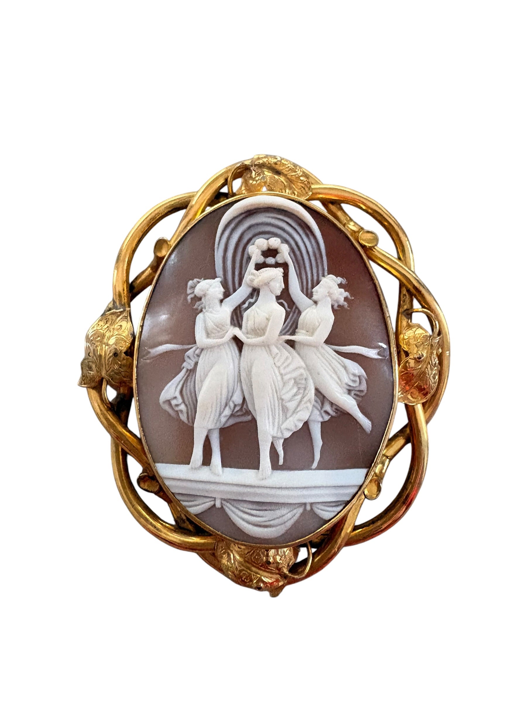 Victorian Pinchbeck Shell Cameo Brooch of The Three Graces