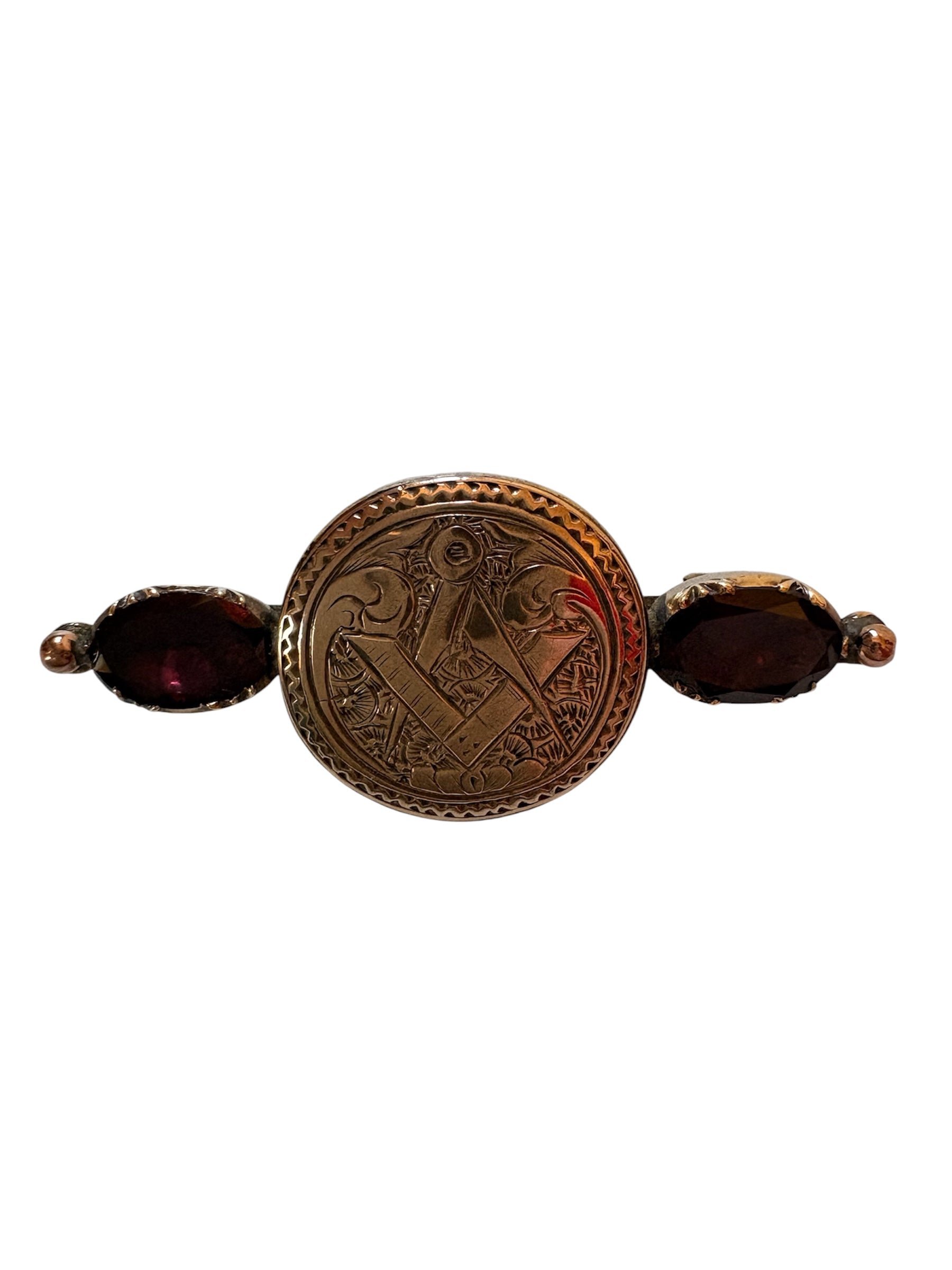 Victorian Masonic Gold Front Bar Brooch with Garnets