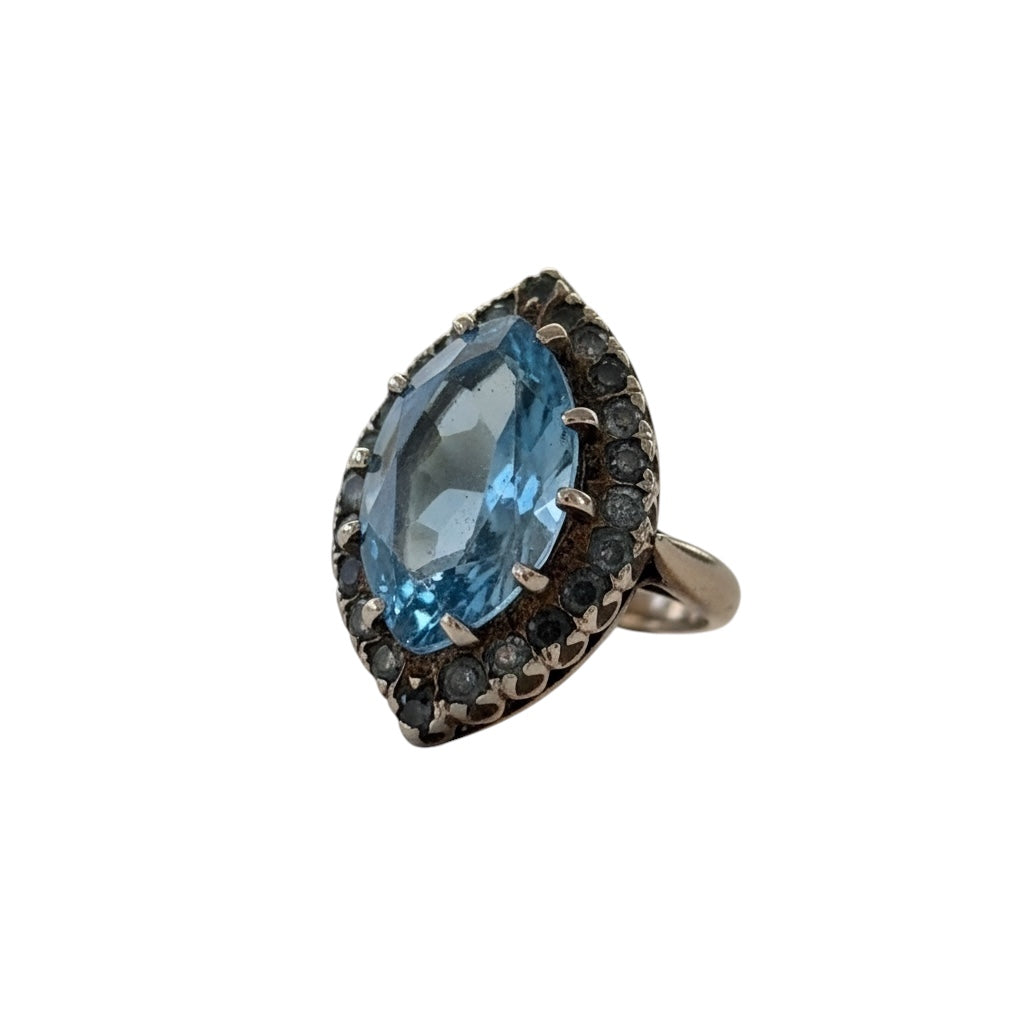 9ct Gold Marquise Ring, London 1977 (Blue & White Stones)