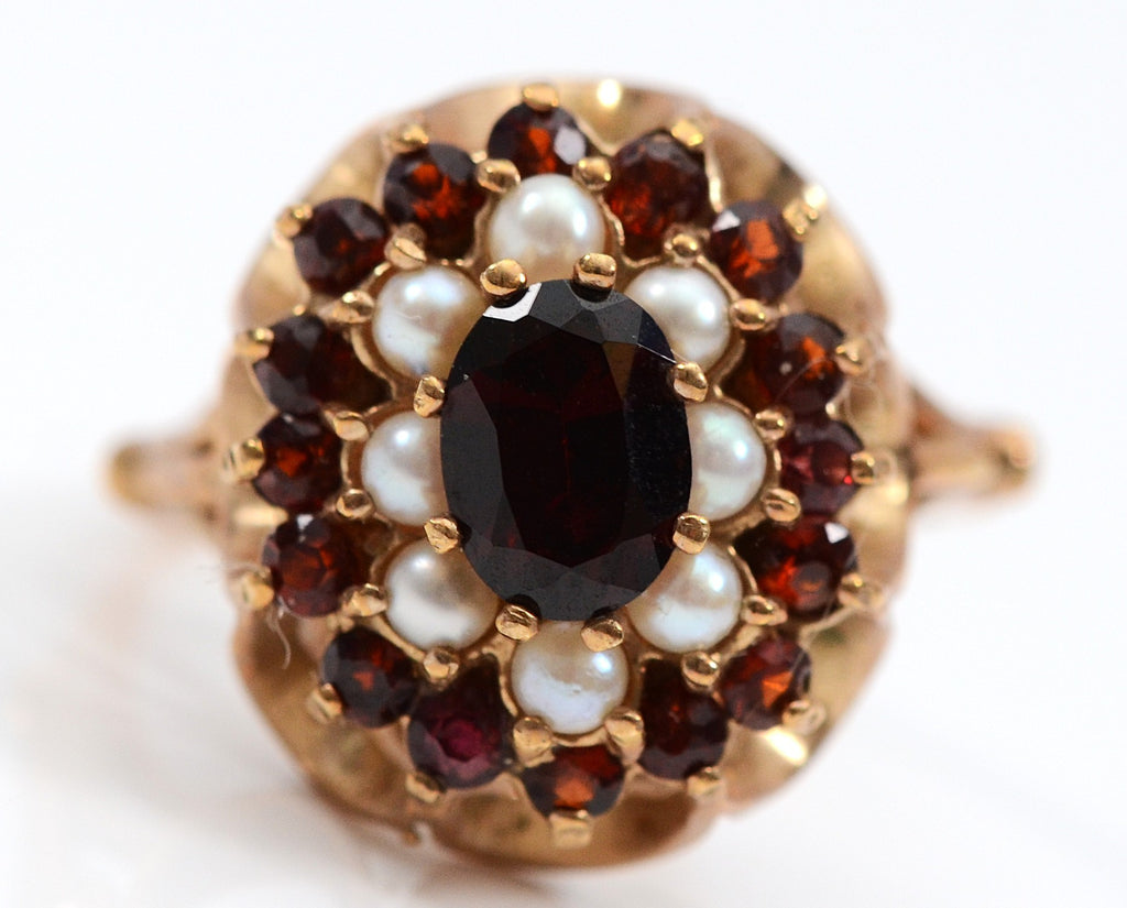 Victorian Garnet & Seed Pearl Cluster Ring, 9ct Gold, Birmingham 1887