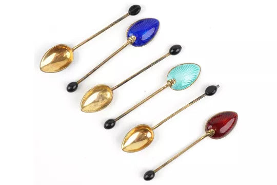 Art Deco Silver Gilt & Guilloché Enamel Coffee Spoons