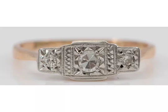 Art Deco 9ct Gold & Platinum Diamond Three Stone Ring – Size L