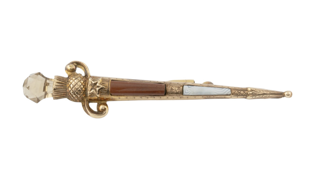9ct Gold Scottish Hardstone Dirk Brooch with Citrine, Birmingham 1900