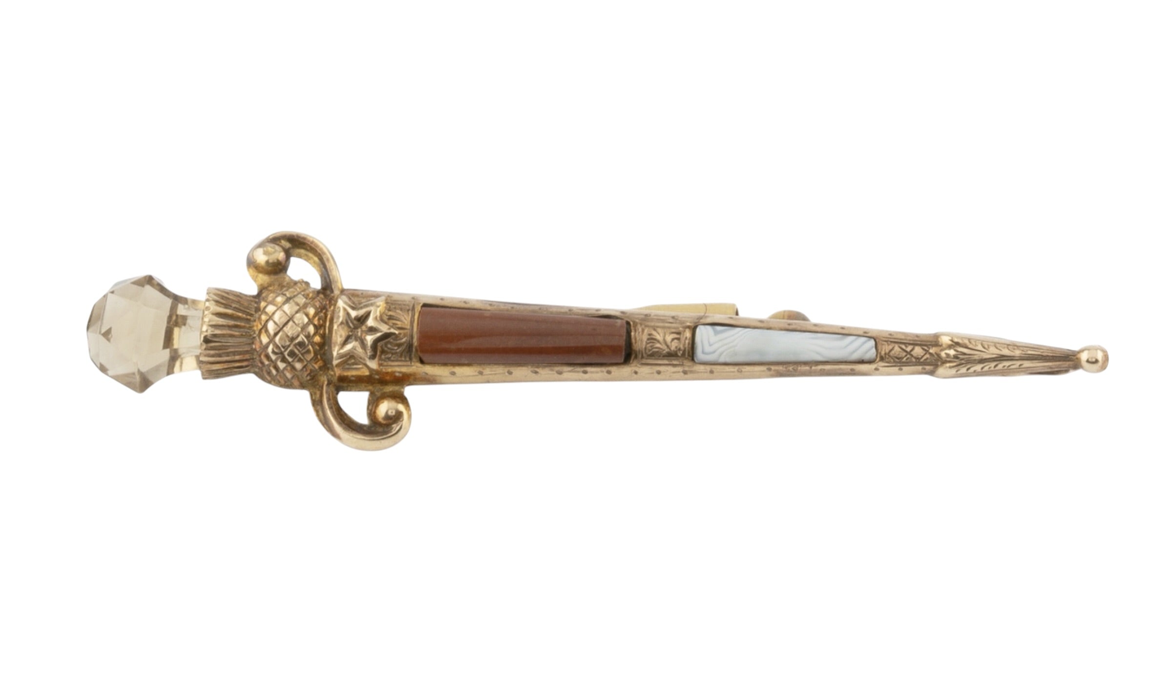 9ct Gold Scottish Hardstone Dirk Brooch with Citrine, Birmingham 1900