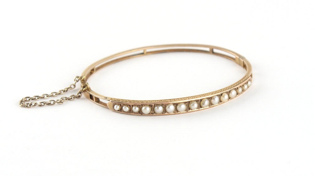 Antique 9ct Gold & Seed Pearl Hinged Bangle